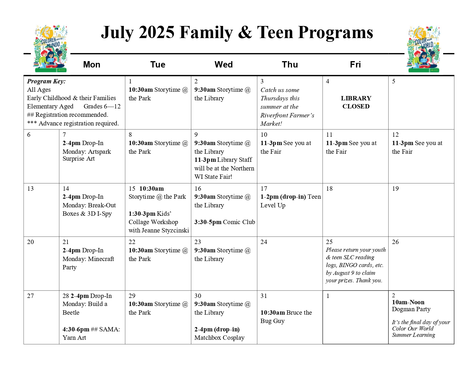calendar for the month of July with children's and teen programs