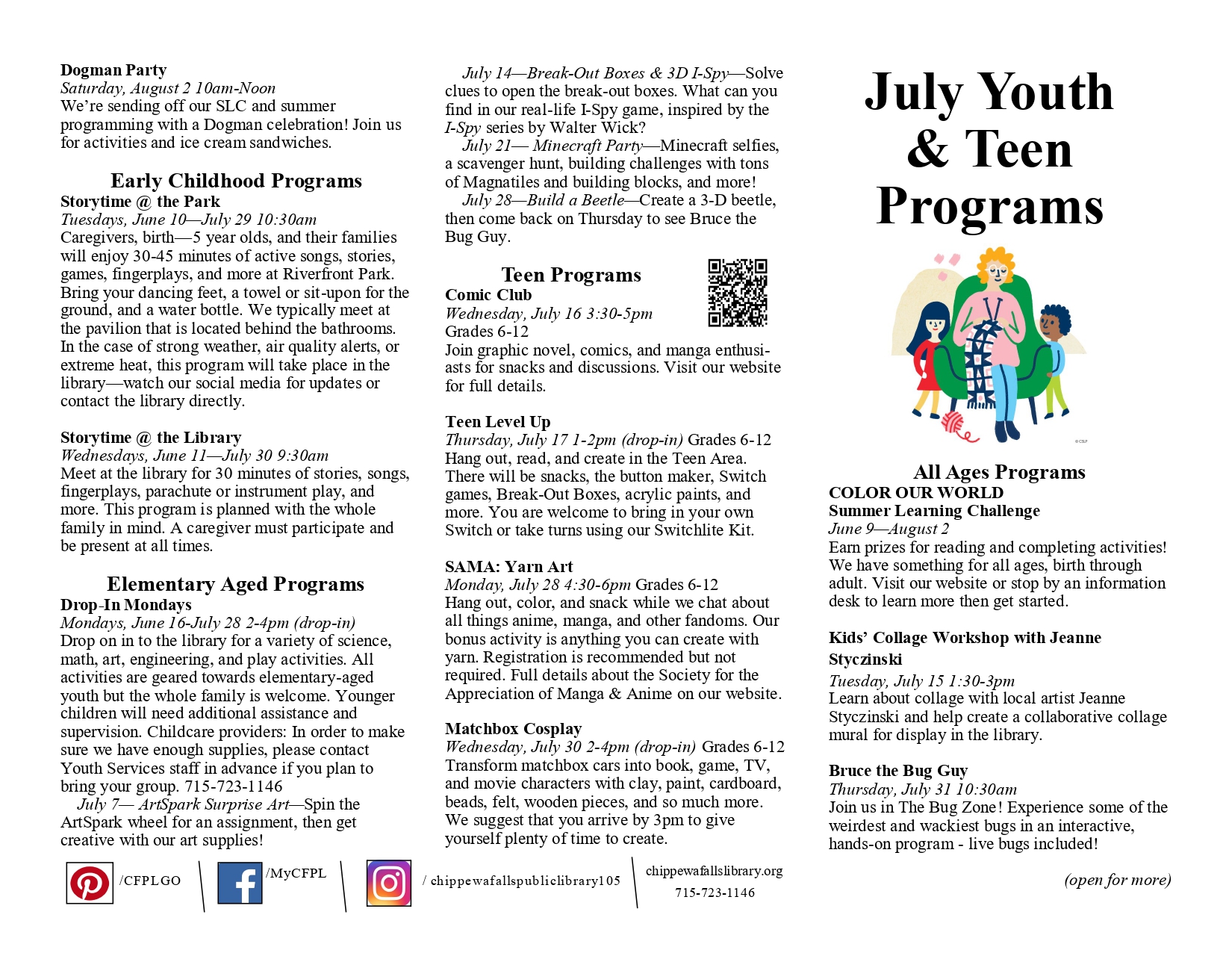 calendar for the month of July with children's and teen programs with full descriptions 
