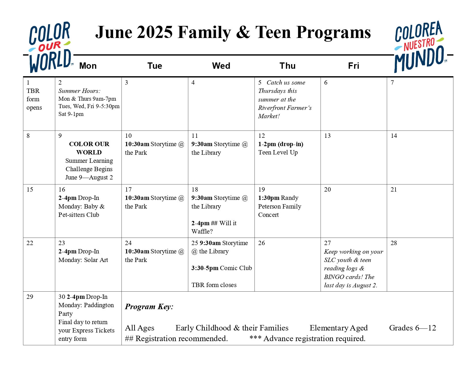 calendar for the month of June with children's and teen programs