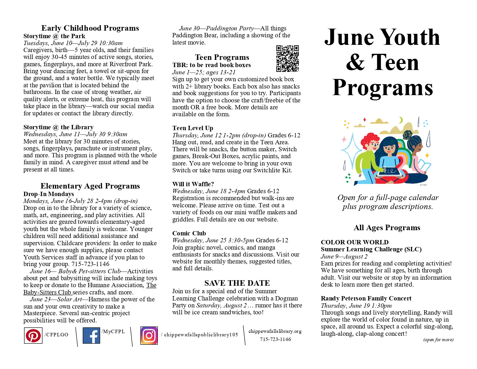 calendar for the month of June with children's and teen programs with full descriptions 