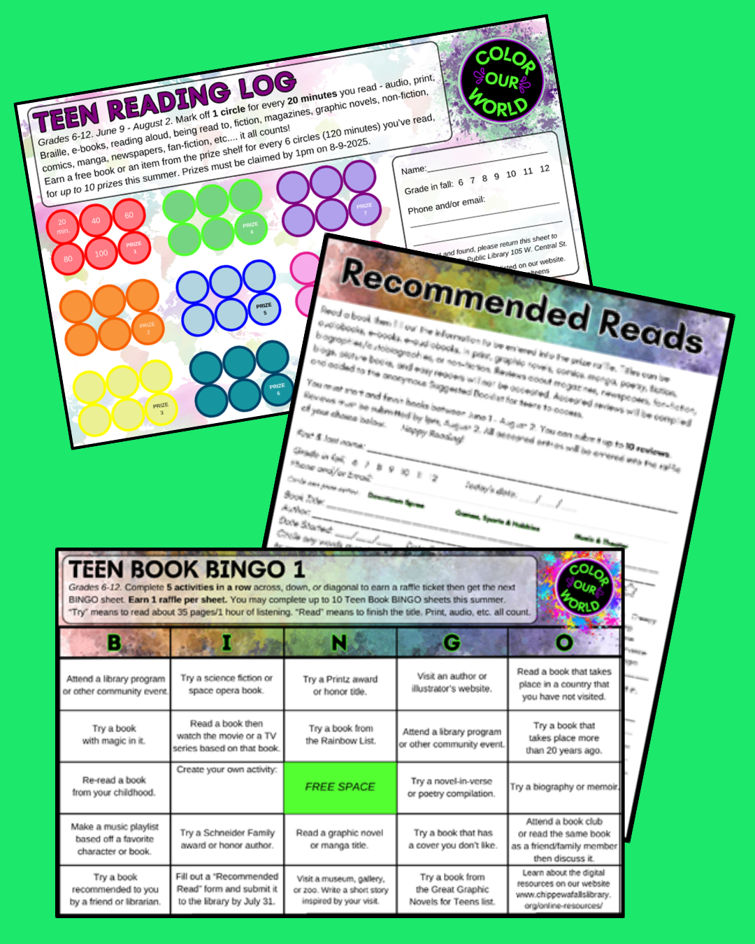 2025 teen webpage graphic of logs and forms A promotional image on a green background offering a chance to win tickets to an Eau Claire Express baseball game.