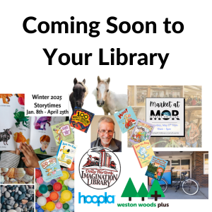 Collage promoting library events with children's books, logos, and event flyers.