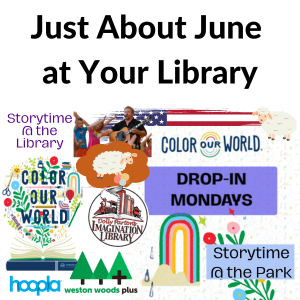 Collage promoting library events in June, featuring colorful graphics, event names, and logos.