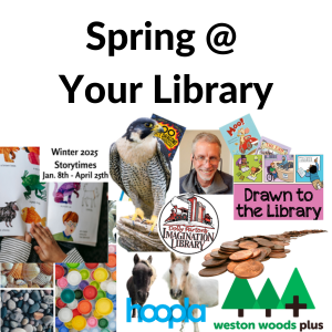 Collage promoting library activities with text "Spring @ Your Library" and various images of books, a falcon, a man, and logos.