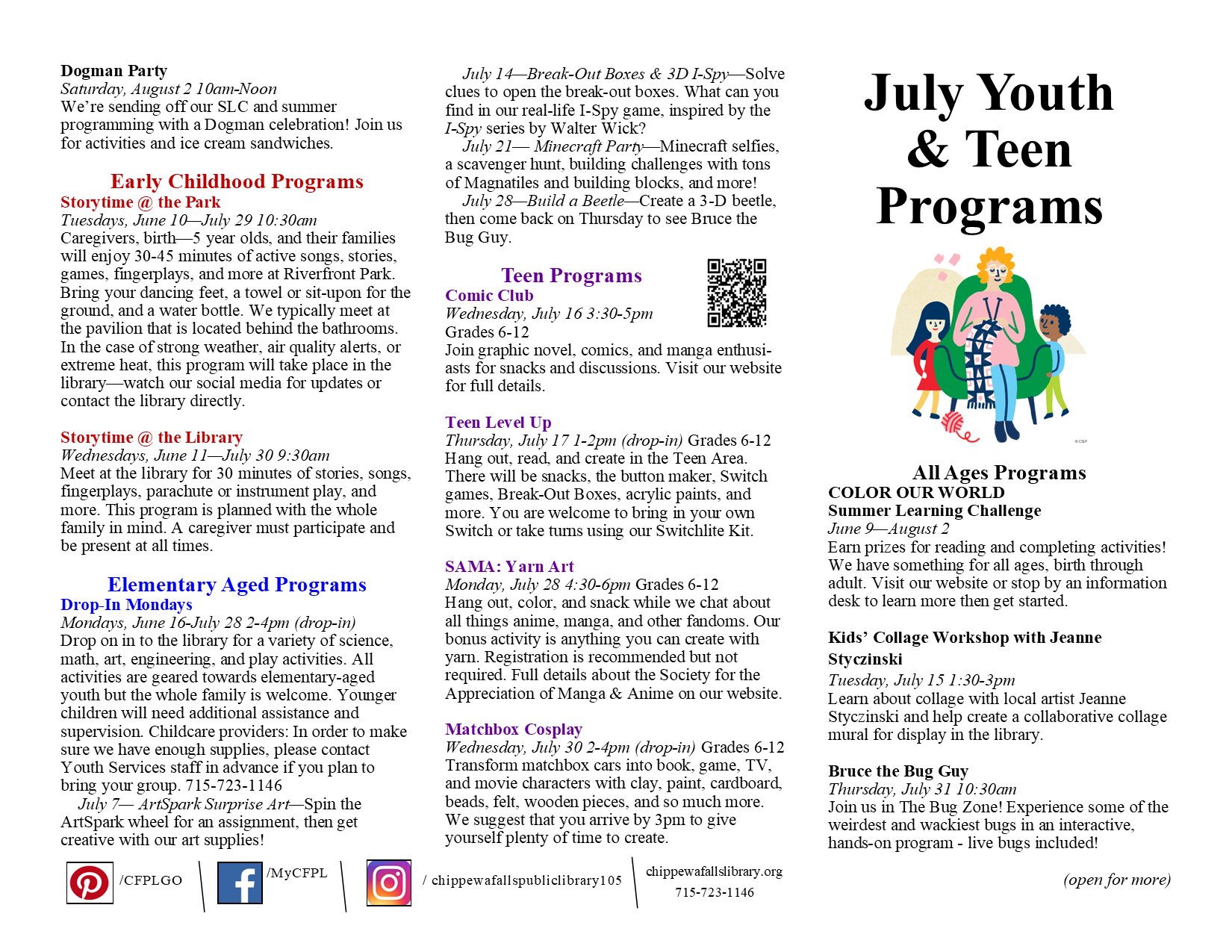 calendar for the month of July with children's and teen programs with full descriptions