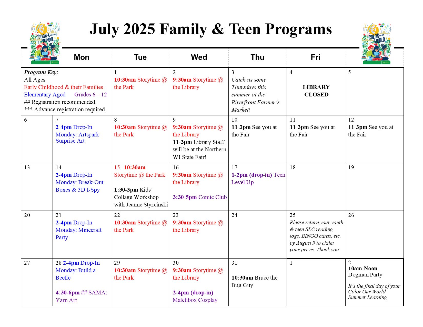 calendar for the month of July with children's and teen programs2025 