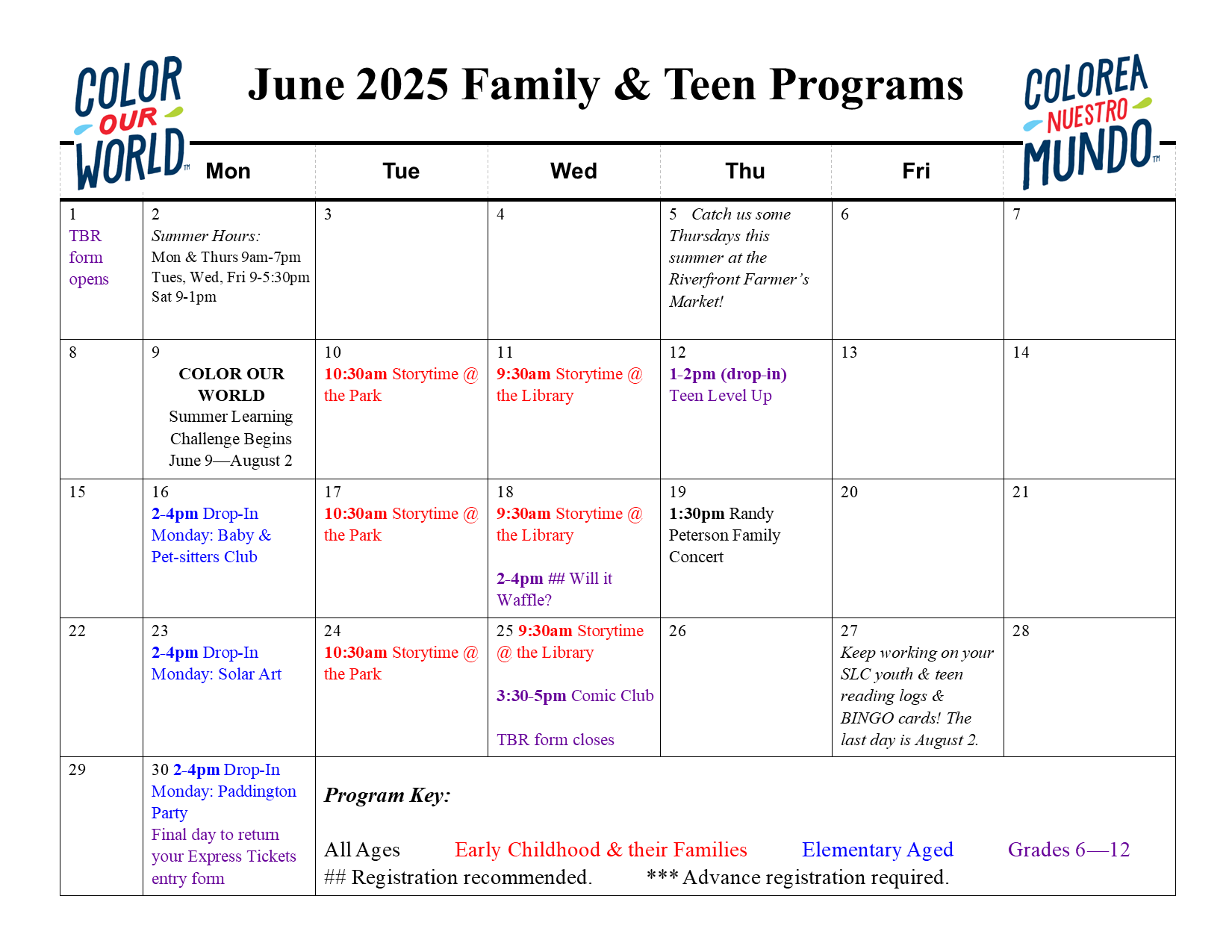 calendar for the month of June with children's and teen programs