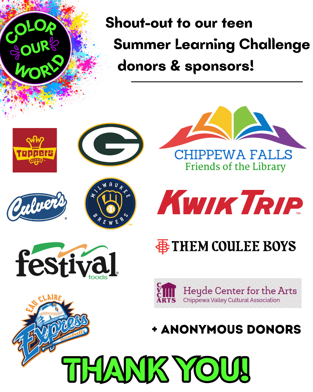2025 teen sponsors donors A colorful shout-out poster for Summer Learning Challenge donors and sponsors with various logos and thank you message.