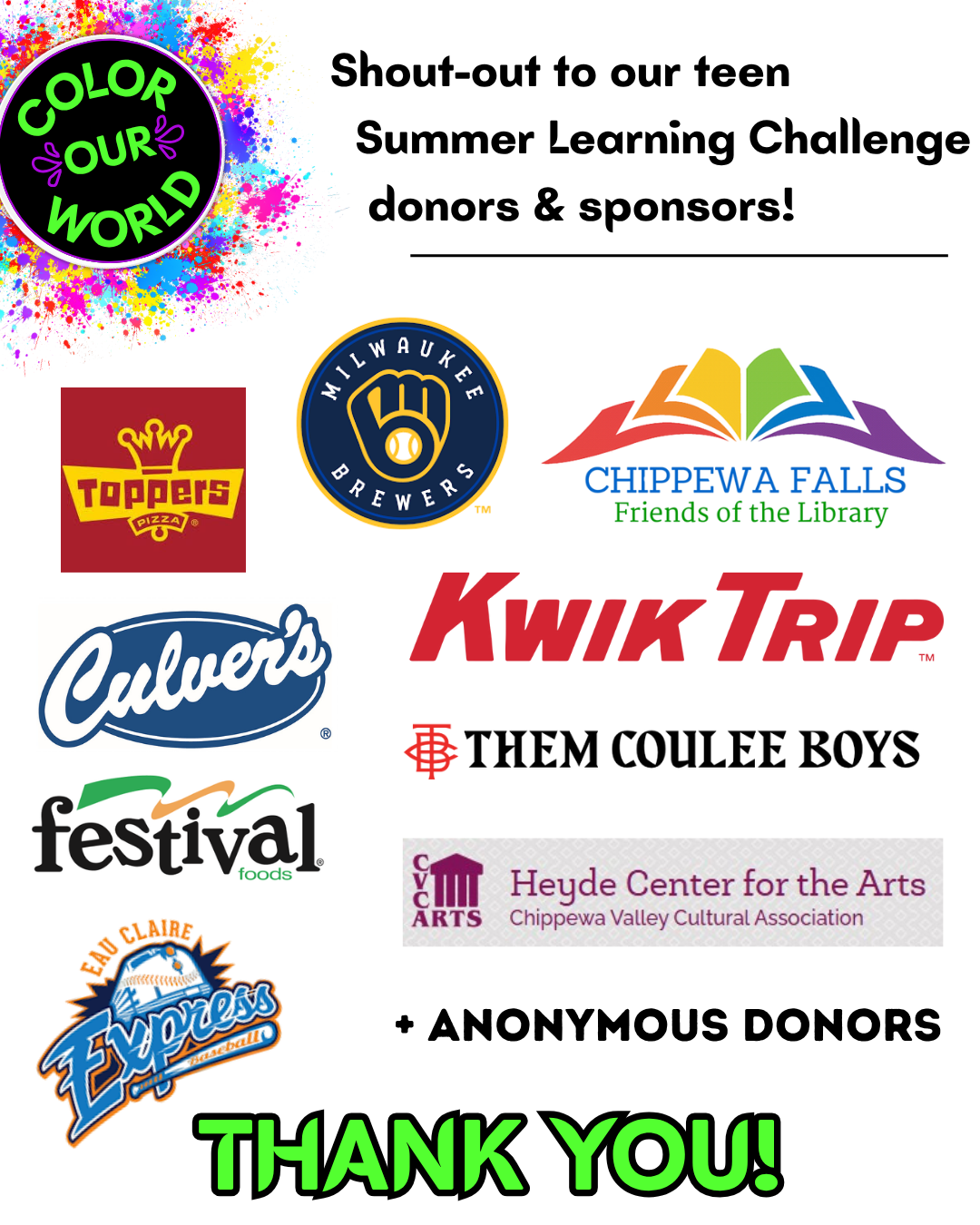 2025 teen sponsors donors A colorful shout-out poster for Summer Learning Challenge donors and sponsors with various logos and thank you message.
