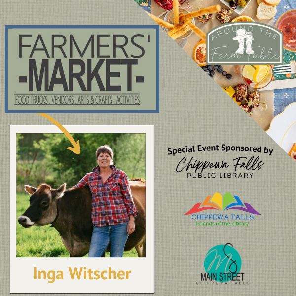 Farmers' market poster featuring Inga Witscher with cow and event sponsor information.