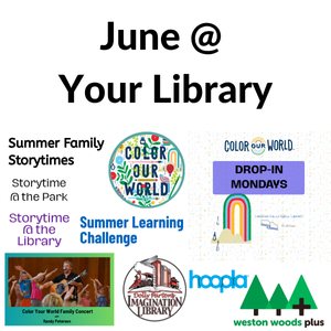 Promotional flyer for June library events featuring text and colorful graphics, including logos for Dolly Parton's Imagination Library, hoopla, and weston woods plus.