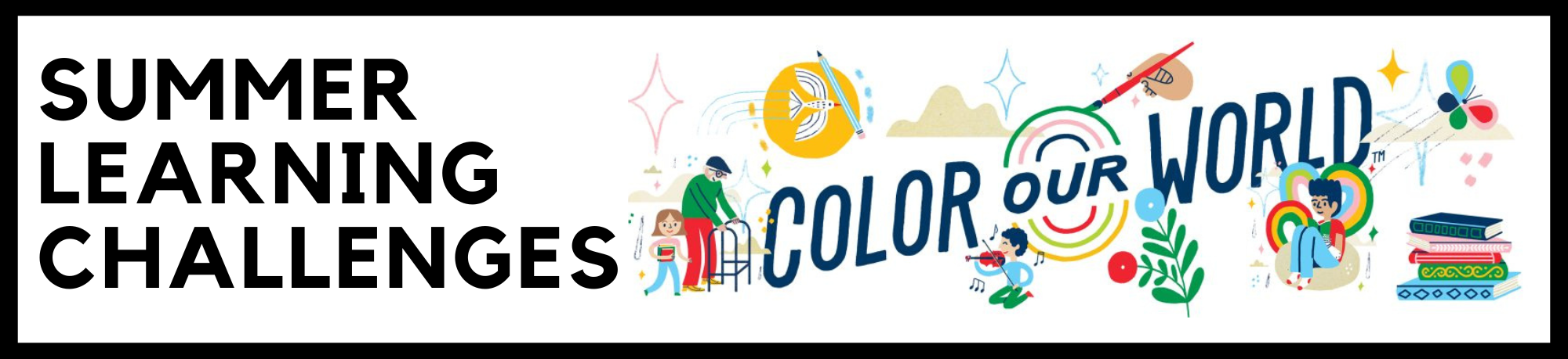 Banner with "SUMMER LEARNING CHALLENGES" and colorful illustrations, including the phrase "COLOR OUR WORLD" with various playful elements.