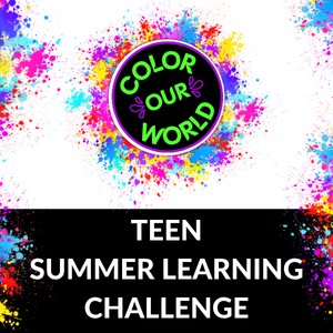 Colorful splatter background with a central emblem and text below: "Teen Summer Learning Challenge."