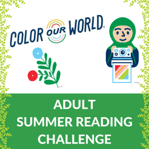 Promotional graphic for an "Adult Summer Reading Challenge" featuring text, a red and blue flower, and a cartoon person holding a camera.
