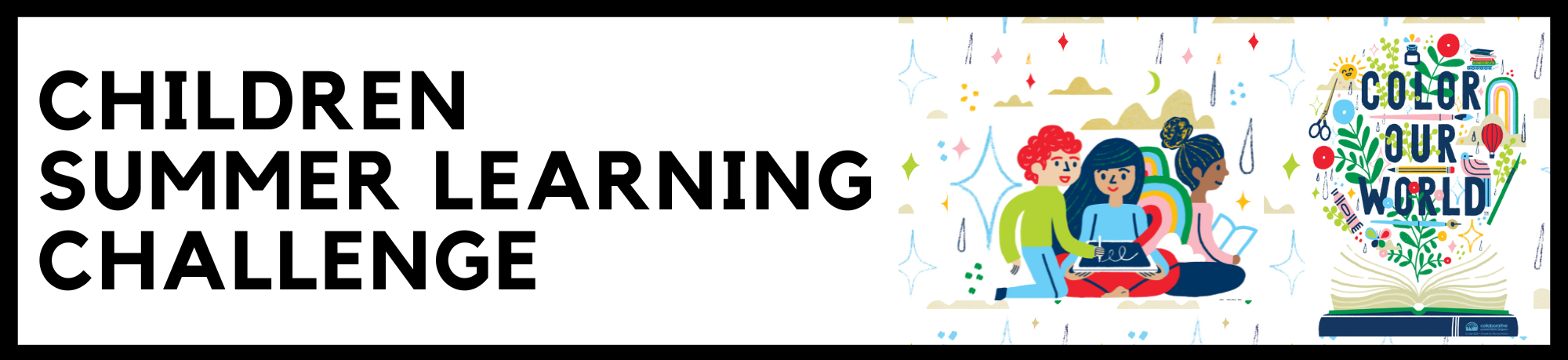 "Children Summer Learning Challenge banner with kids reading and colorful 'Color Our World' illustration."