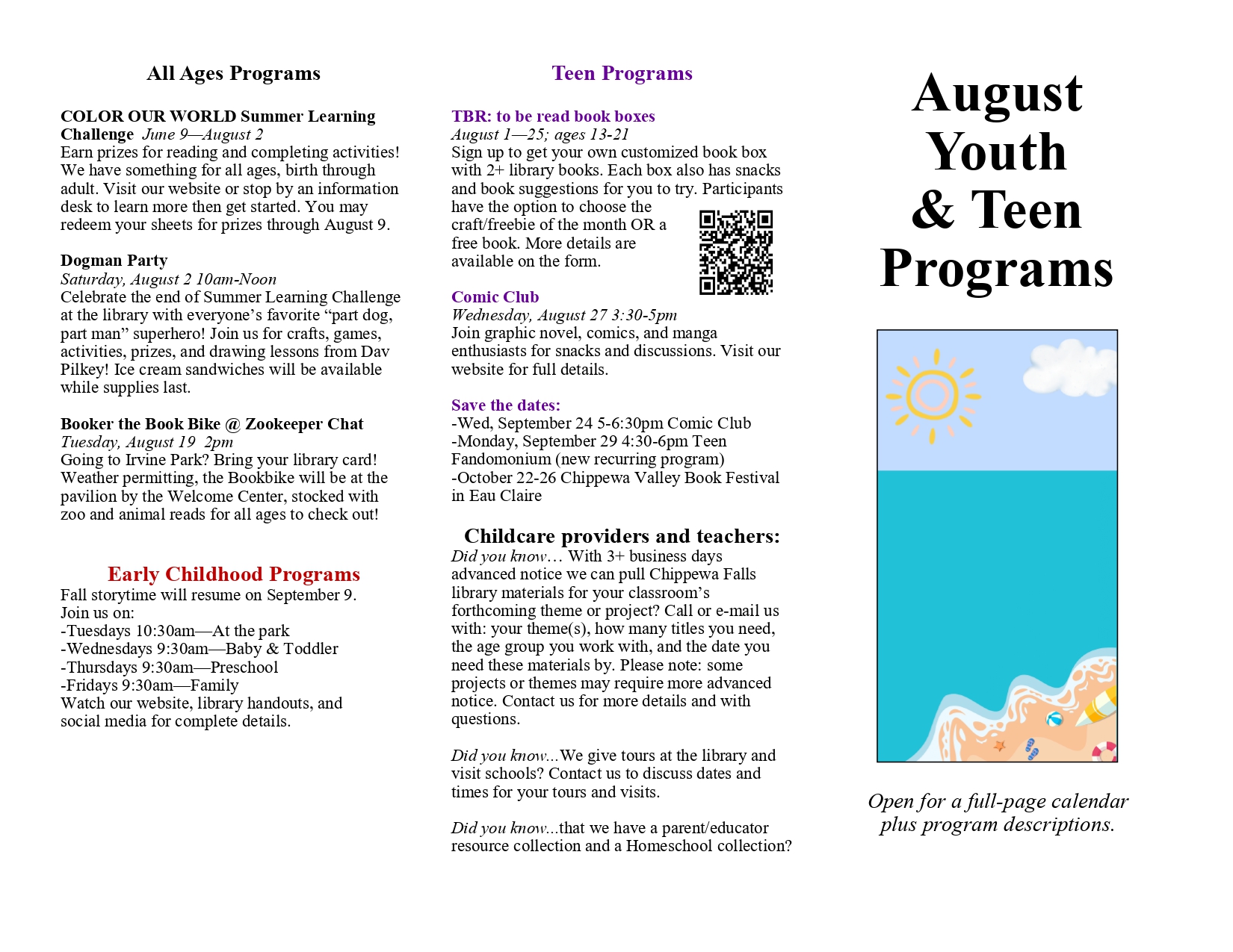 Newsletter titled "August Youth & Teen Programs" detailing upcoming events with illustrations of a sun, sky, and abstract landscape.