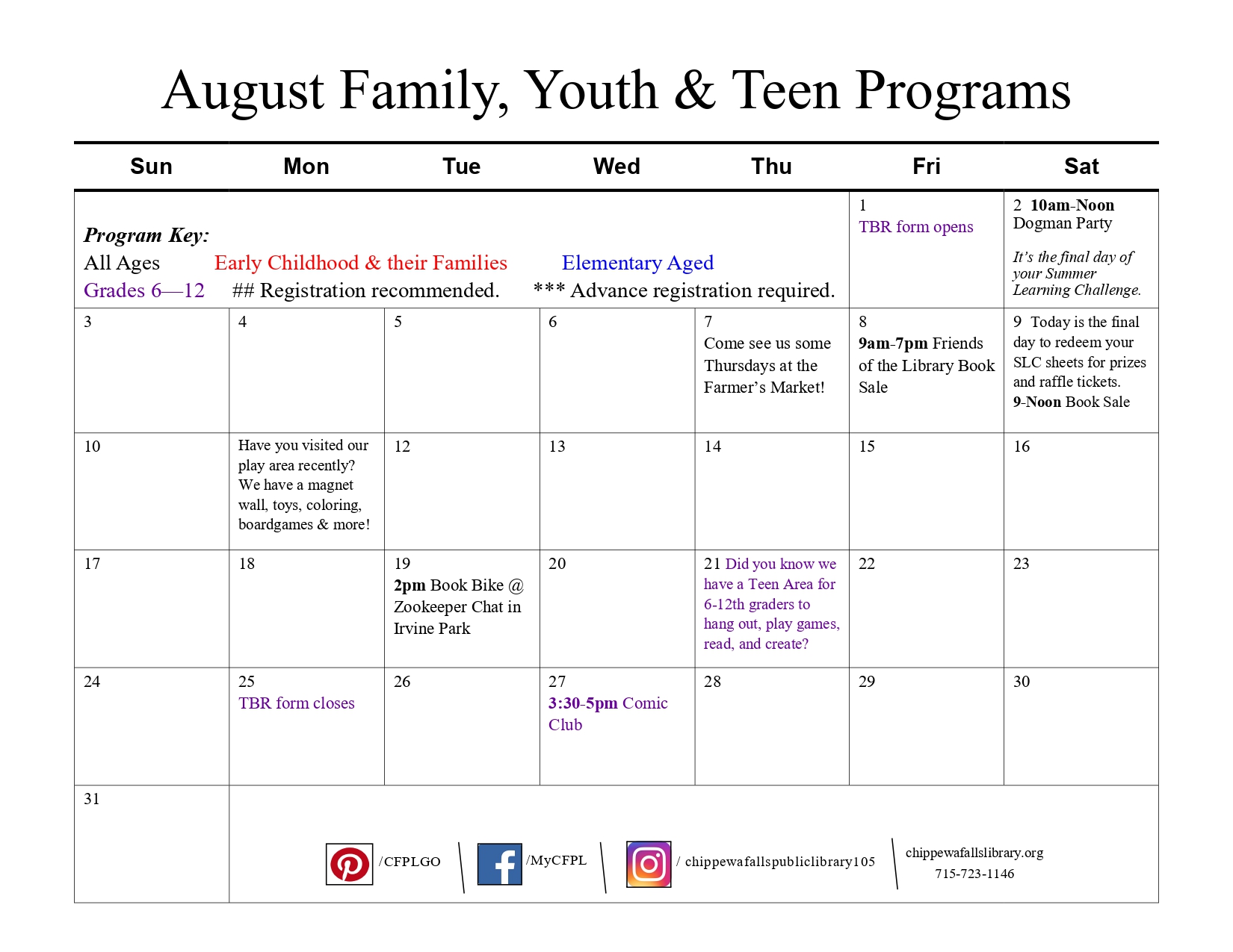 August calendar for family, youth, and teen programs with events and library information.