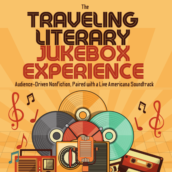Poster for The Traveling Literary Jukebox Experience with colorful vinyl records and musical notes