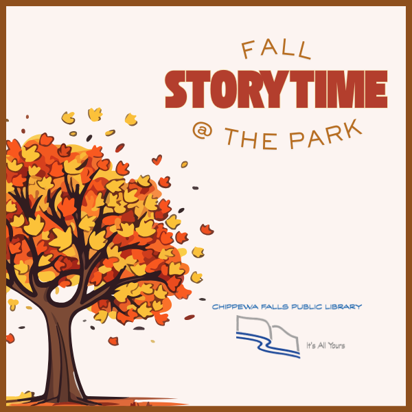 Fall-themed storytime poster with the text "FALL STORYTIME @ THE PARK" and a colorful autumn tree.
