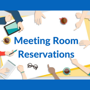 Illustration with the text "Meeting Room Reservations" surrounded by hands holding various office-related items.