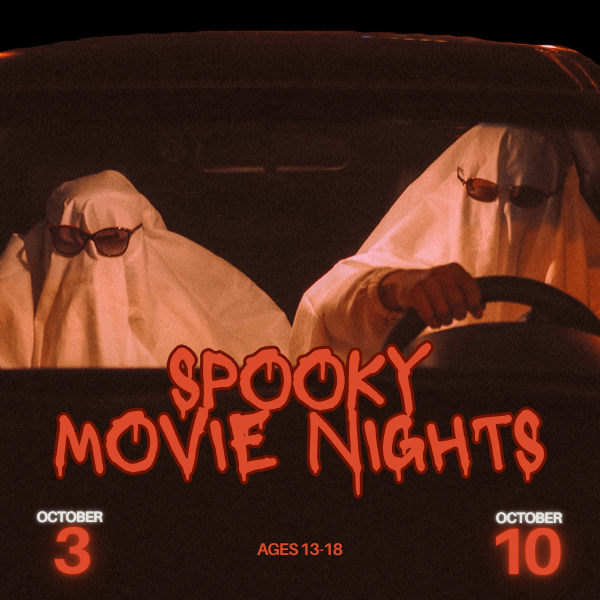 Two people dressed as ghosts in a car with "Spooky Movie Nights" text.