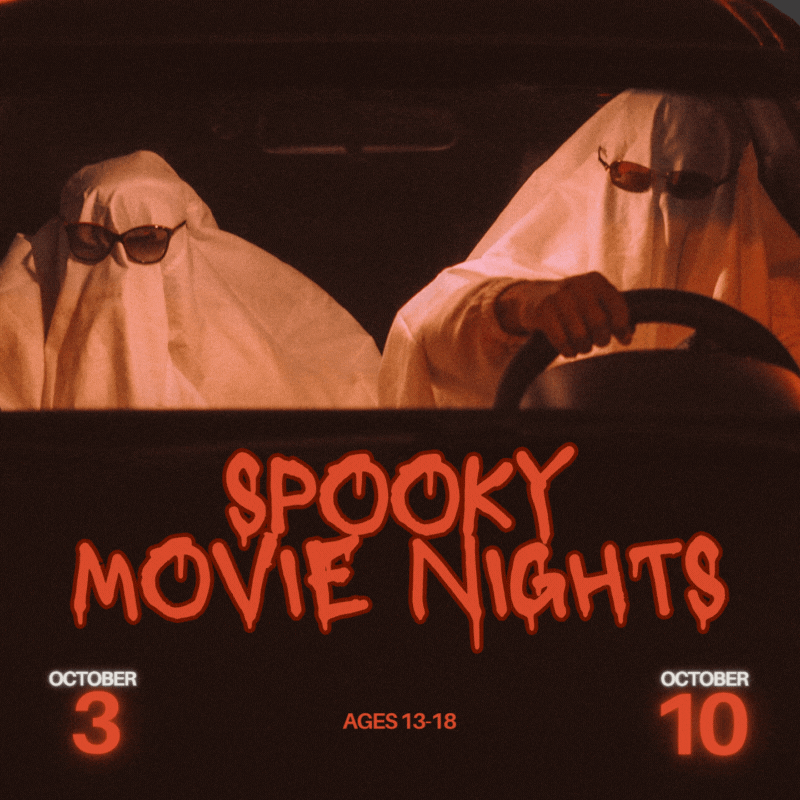 october 2025 scary movie nights (800 x 800 px) spooky movie nights text with 2 bed sheet ghost driving a car