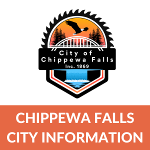 "City of Chippewa Falls logo with an orange section labeled 'CHIPPEWA FALLS CITY INFORMATION.'"