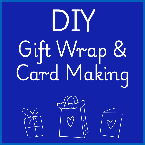 "DIY Gift Wrap & Card Making on blue background with white drawings of a gift box, bag, and card."