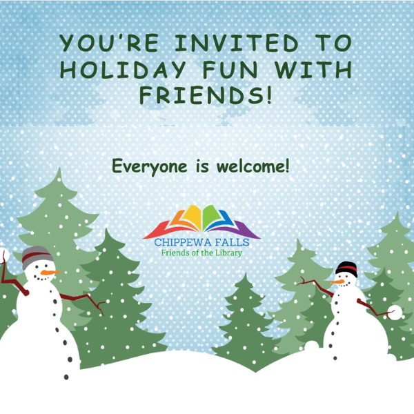 Winter-themed invitation with snowmen, trees, and text.
