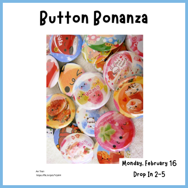 A collection of colorful, cartoon-themed buttons with text "Button Bonanza" at the top.