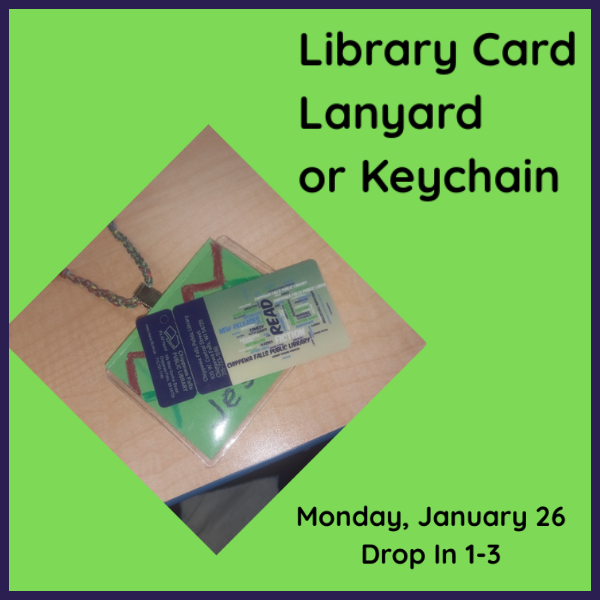 A library card in a clear case with chain on a green background with promotional text.