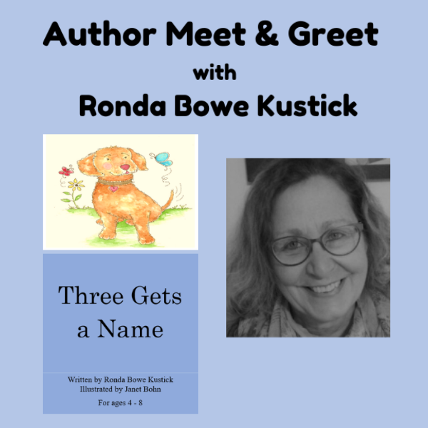 Author meet and greet poster featuring an illustration of an orange dog, a photo of a smiling person, and the book cover for "Three Gets a Name."