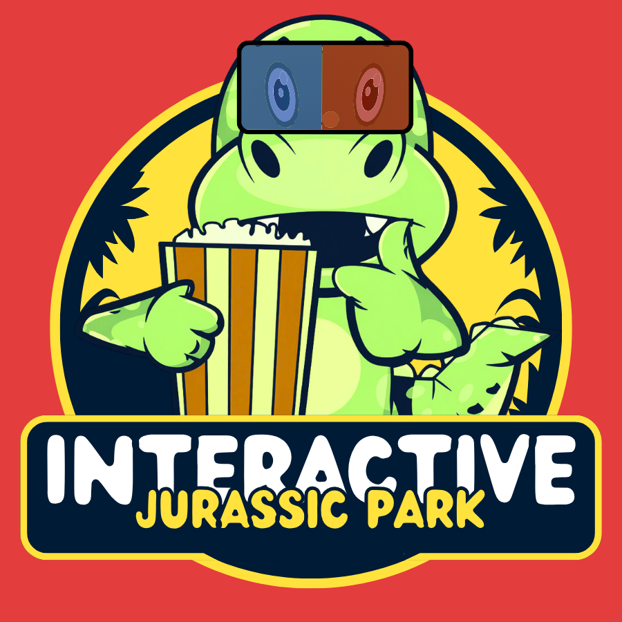Cartoon dinosaur with 3D glasses holding popcorn, with "Interactive Jurassic Park" text below.