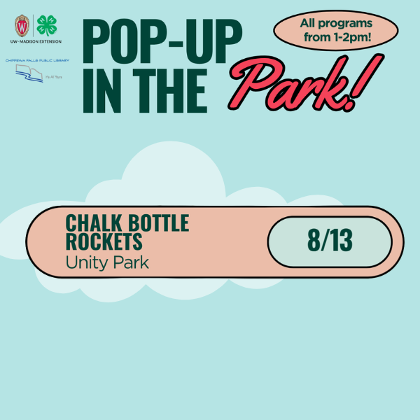 Digital flyer for a "Pop-Up in the Park" event featuring "Chalk Bottle Rockets" at Unity Park on 8/13.