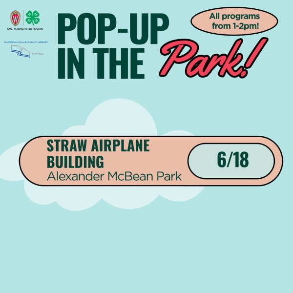 Promotional graphic for a "Pop-Up in the Park" event featuring straw airplane building at Alexander McBean Park on June 18th.